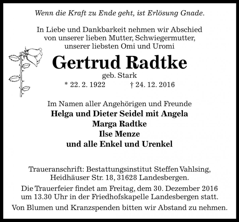  Traueranzeige für Gertrud Radtke vom 28.12.2016 aus Die Harke