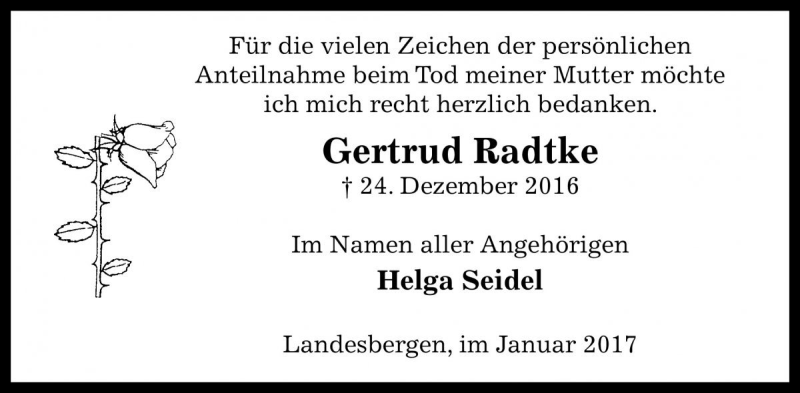  Traueranzeige für Gertrud Radtke vom 28.01.2017 aus Die Harke