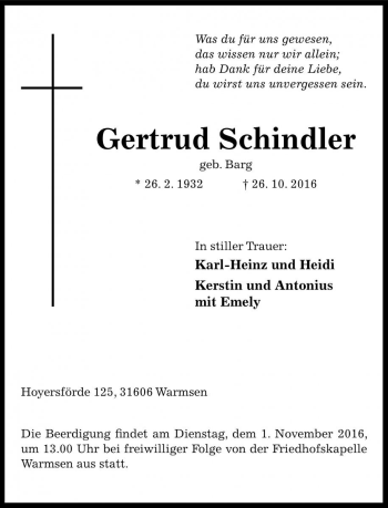 Traueranzeige von Gertrud Schindler von Die Harke