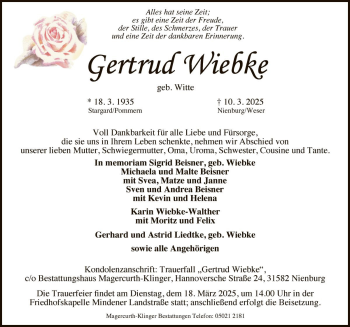 Traueranzeige von Gertrud Wiebke von Die Harke