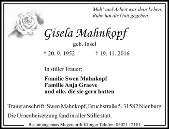 Traueranzeige von Gisela Mahnkopf von Die Harke