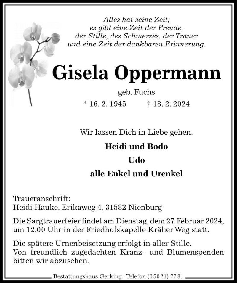  Traueranzeige für Gisela Oppermann vom 25.02.2024 aus Die Harke