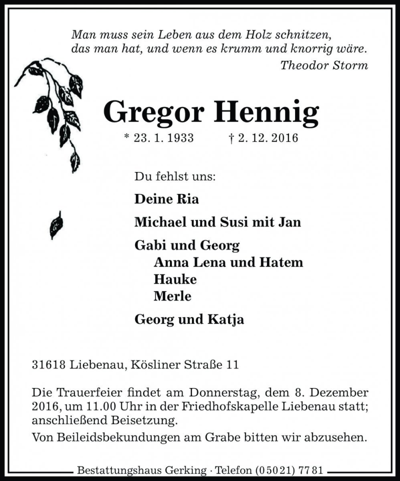  Traueranzeige für Gregor Hennig vom 05.12.2016 aus Die Harke