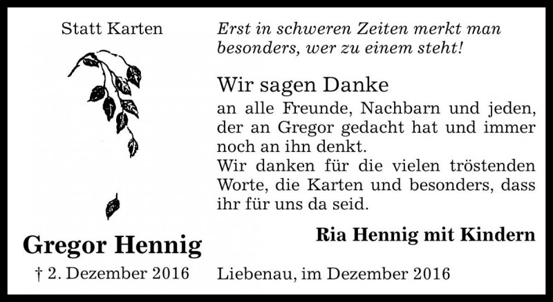  Traueranzeige für Gregor Hennig vom 28.12.2016 aus Die Harke