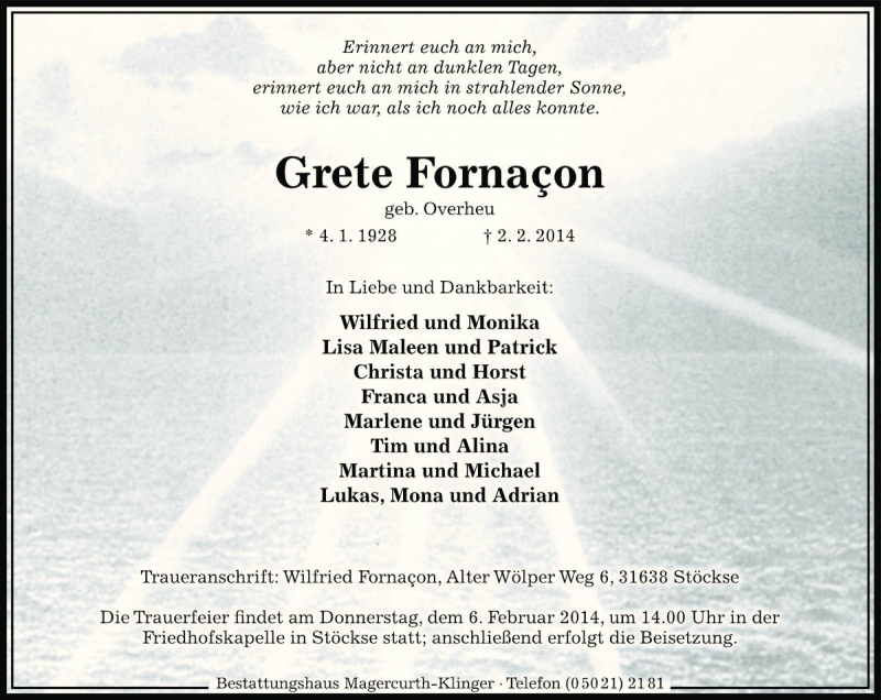 Traueranzeige für Grete Fornaçon vom 04.02.2014 aus Die Harke