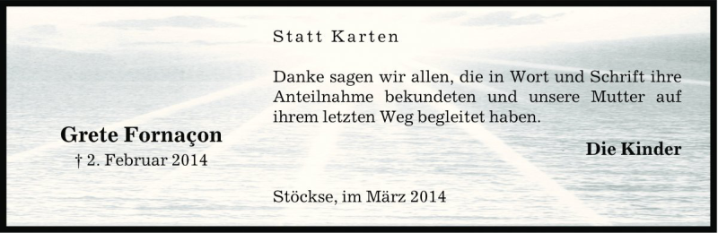  Traueranzeige für Grete Fornaçon vom 07.03.2014 aus Die Harke