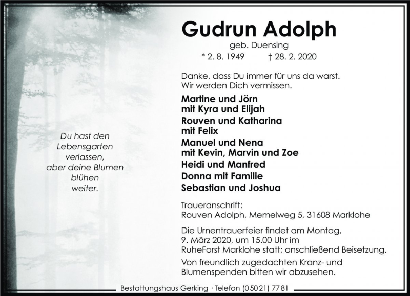  Traueranzeige für Gudrun Adolph vom 04.03.2020 aus Die Harke