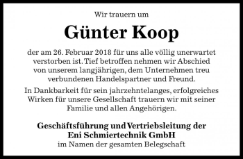Traueranzeige von Günter Koop von Die Harke
