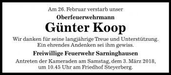 Traueranzeige von Günter Koop von Die Harke