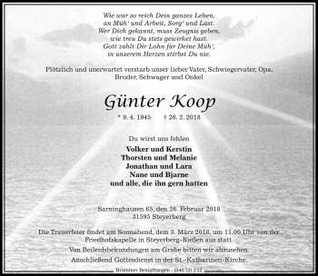 Traueranzeige von Günter Koop von Die Harke