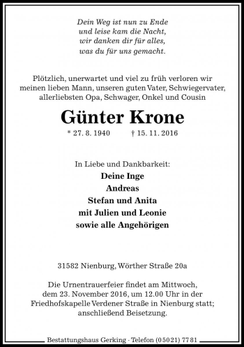Traueranzeige von Günter Krone von Die Harke