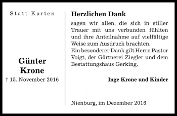 Traueranzeige von Günter Krone von Die Harke