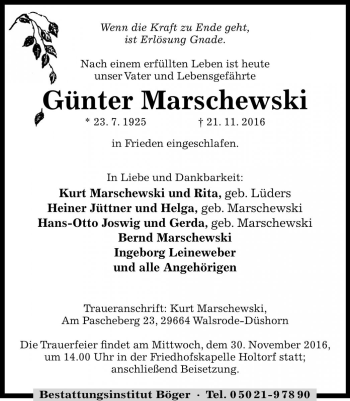 Traueranzeige von Günter Marschewski von Die Harke