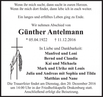 Traueranzeige von Günther Antelmann von Die Harke