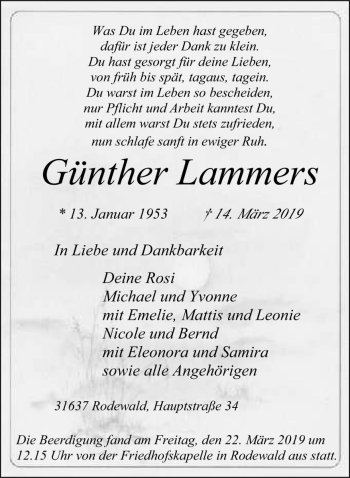 Traueranzeige von Günther Lammers von Die Harke