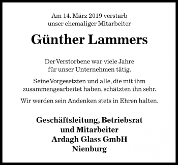 Traueranzeige von Günther Lammers von Die Harke