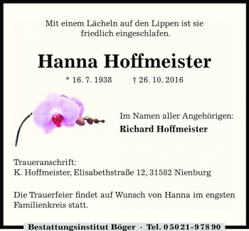 Traueranzeige von Hanna Hoffmeister von Die Harke