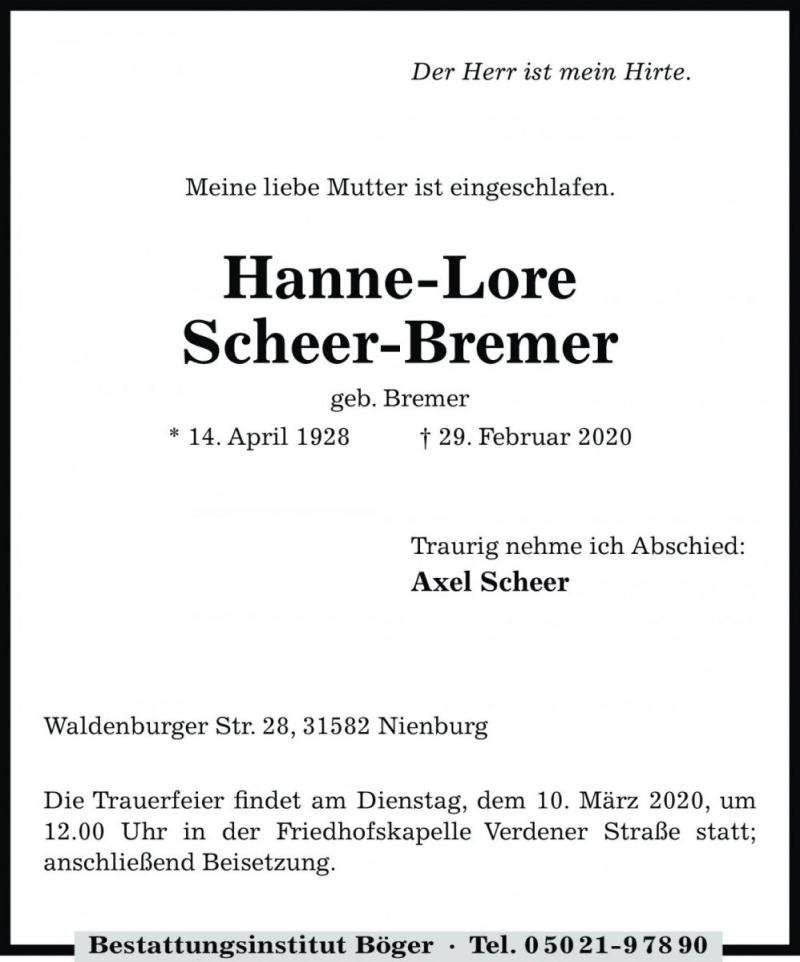  Traueranzeige für Hanne-Lore Scheer-Bremer vom 04.03.2020 aus Die Harke
