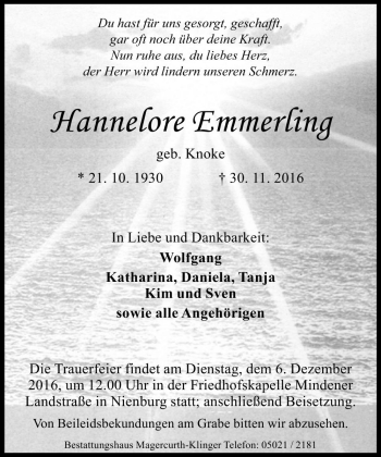 Traueranzeige von Hannelore Emmerling von Die Harke