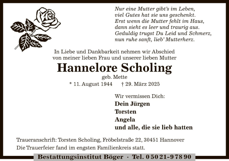  Traueranzeige für Hannelore Scholing vom 05.04.2025 aus Die Harke