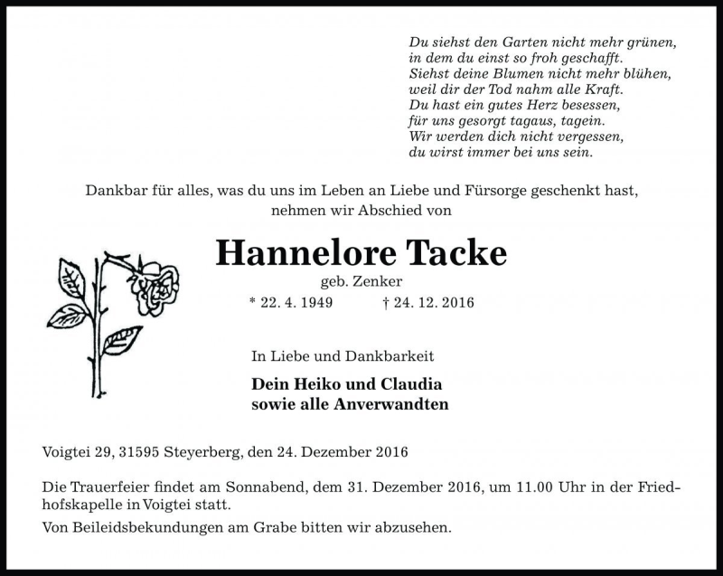  Traueranzeige für Hannelore Tacke vom 27.12.2016 aus Die Harke