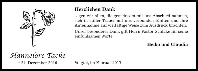  Traueranzeige für Hannelore Tacke vom 25.02.2017 aus Die Harke