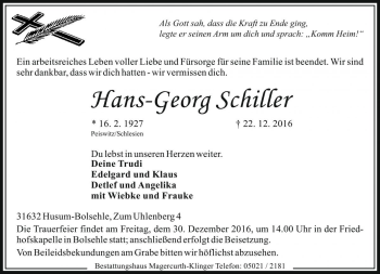 Traueranzeige von Hans-Georg Schiller von Die Harke