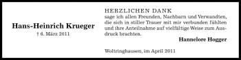 Traueranzeige von Hans-Heinrich Krueger von Die Harke