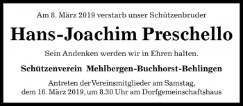 Traueranzeige von Hans-Joachim Preschello von Die Harke