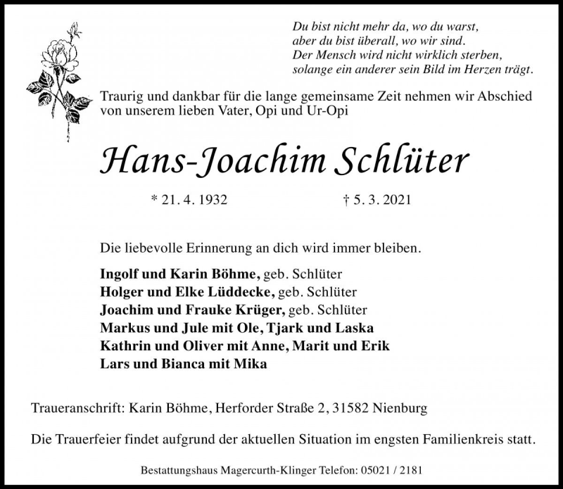  Traueranzeige für Hans-Joachim Schlüter vom 13.03.2021 aus Die Harke