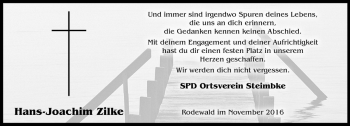 Traueranzeige von Hans-Joachim Zilke von Die Harke