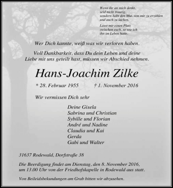 Traueranzeige von Hans-Joachim Zilke von Die Harke