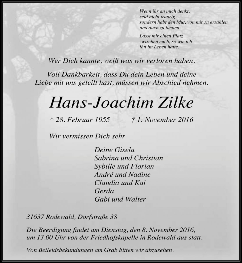  Traueranzeige für Hans-Joachim Zilke vom 04.11.2016 aus Die Harke