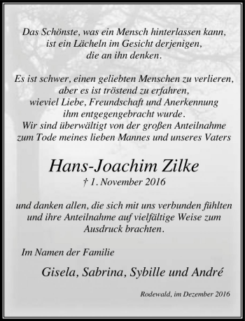Traueranzeige von Hans-Joachim Zilke von Die Harke