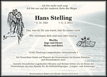 Traueranzeige von Hans Stelling von Die Harke