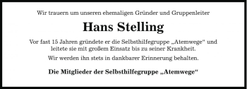 Traueranzeige von Hans Stelling von Die Harke