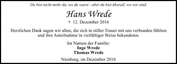 Traueranzeige von Hans Wrede von Die Harke