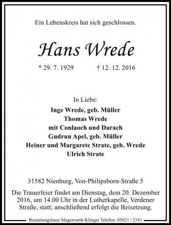 Traueranzeige von Hans Wrede von Die Harke