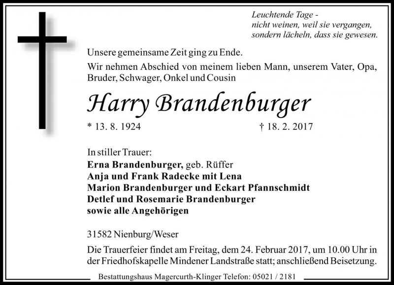  Traueranzeige für Harry Brandenburger vom 22.02.2017 aus Die Harke