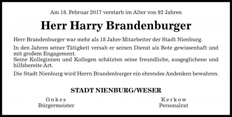  Traueranzeige für Harry Brandenburger vom 24.02.2017 aus Die Harke