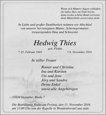 Traueranzeige von Hedwig Thies von Die Harke