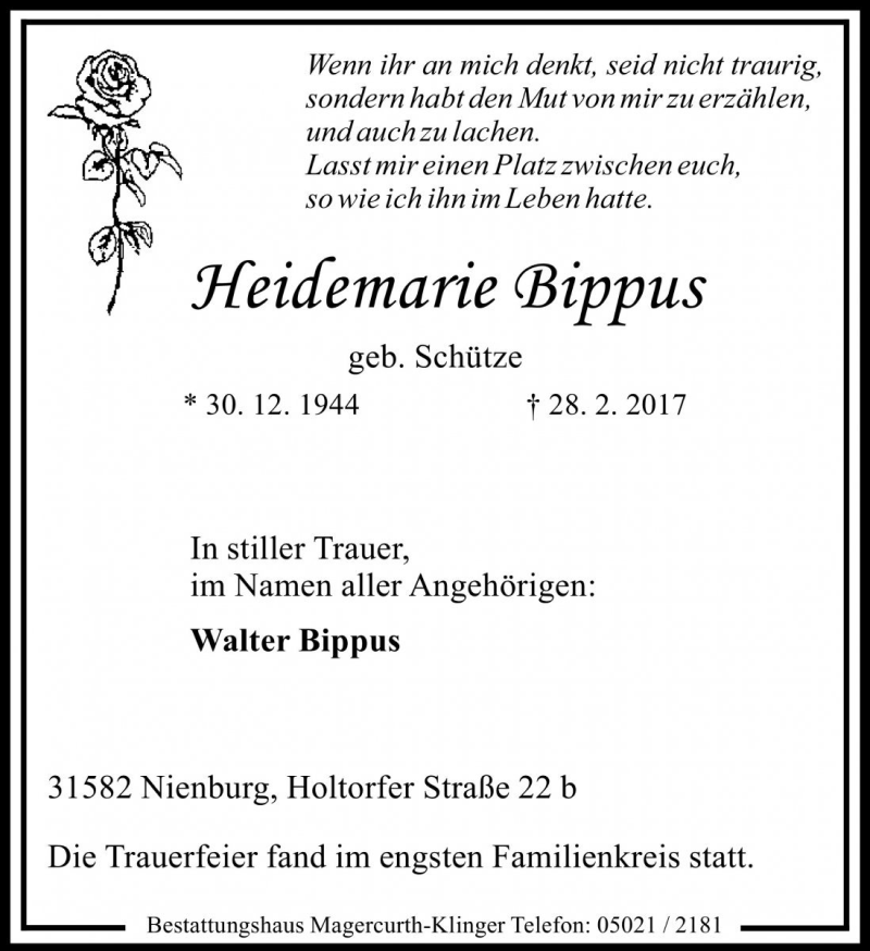  Traueranzeige für Heidemarie Bippus vom 18.03.2017 aus Die Harke