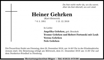 Traueranzeige von Heiner Gehrken von Die Harke