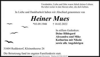 Traueranzeige von Heiner Mues von Die Harke