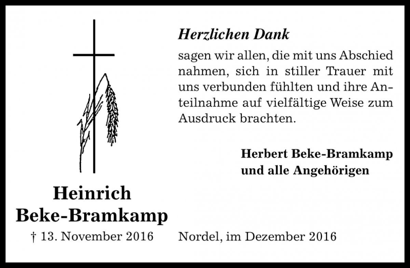  Traueranzeige für Heinrich Beke-Bramkamp vom 10.12.2016 aus Die Harke