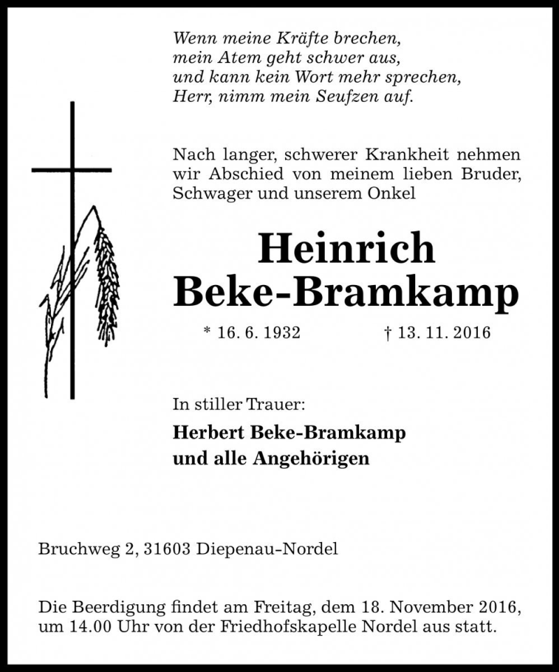  Traueranzeige für Heinrich Beke-Bramkamp vom 15.11.2016 aus Die Harke