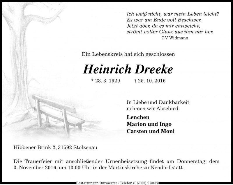  Traueranzeige für Heinrich Dreeke vom 31.10.2016 aus Die Harke
