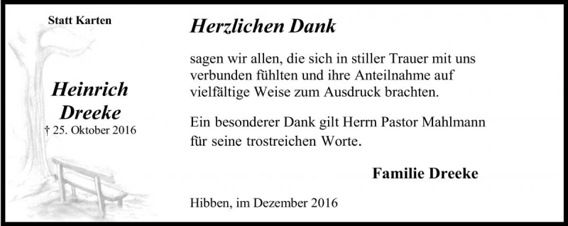  Traueranzeige für Heinrich Dreeke vom 03.12.2016 aus Die Harke