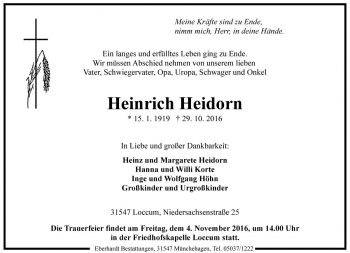 Traueranzeige von Heinrich Heidorn von Die Harke
