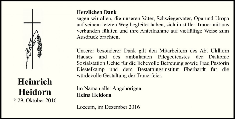  Traueranzeige für Heinrich Heidorn vom 03.12.2016 aus Die Harke